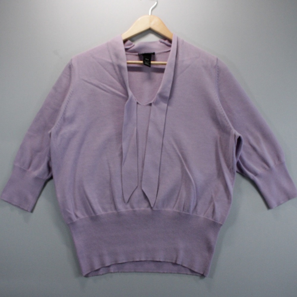 Lane Bryant Tie Neck Knit Sweater Purple 3/4 Sleeve Banded Comfort Hem Top 14/16